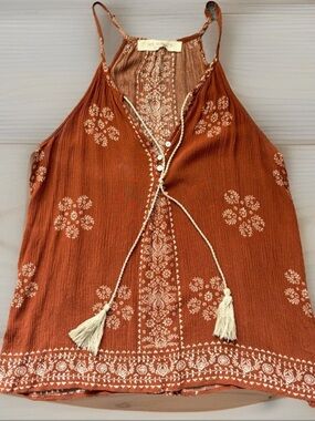 LES SOEURS Tank Womens Medium Orange Gauze Knit Embroidered Tie Front Tasseled